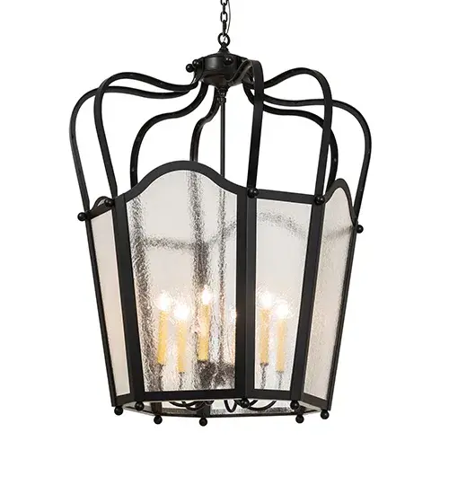 Utilizing a blend of timeless craftsmanship and classic design; the ever-popular Citadel brings home unsurpassed quality and shapely appeal. Evoking a dramatic effect; ambient light is evoked through Clear Seeded Glass which reveals two four-light candelabras featured within this pendant. Citadel is enhanced with a dramatic design and frame featured in a Solar Black finish. The fixture is handcrafted by artisans in our American factory in Upstate New York. Custom options include various sizes; colors; designs and dimmable energy efficient lamping options such as LED. This pendant is UL and cUL listed for damp and dry locations. - alternate view