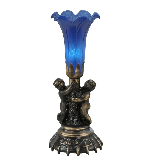 12" High Blue Pond Lily Twin Cherub Mini Lamp