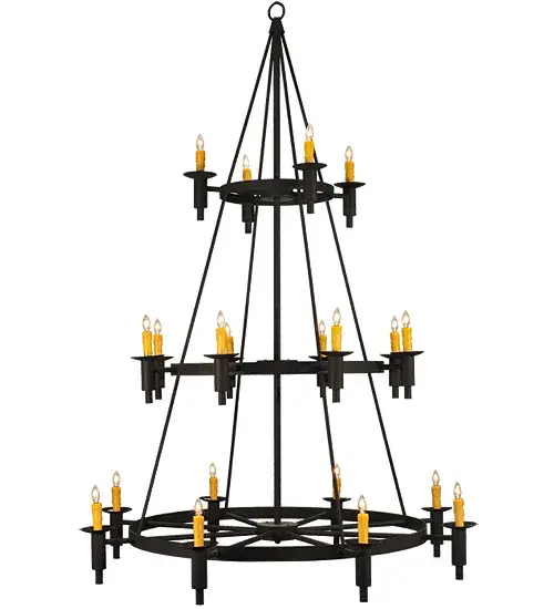 Add a touch of elegance and warm ambient lighting to your interiors with this sumptuous decorative lighting design. Carella features a decorative frame and hardware in a Dark Roast finish and is designed to make the perfect centerpiece of any room. Illuminated with 20 Amber faux candlelights; this lovely chandelier is ideal for a lobby; entryway; ballroom and other spaces. Custom crafted by the hands of skilled artisans in our Yorkville; New York manufacturing facility; this Grand styled; 3-tiered fixture is available in custom sizes; styles and colors; with dimmable; energy efficient lamping options. The 60-inch wide chandelier is UL and cUL listed for damp and dry locations. - alternate view