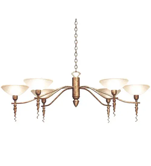 A dazzling array of 6 White Scavo Glass shades flourish from the Blanca chandelier, which will create a marvelous design statement for any room or space. Corkscrew styled finials accent the shades while a cone shaped finial complements the central hub, which are all featured in a stunning Corinth finish. Handcrafted in the USA, this chandelier is available with dimmable energy efficient lamping and custom sizes, styles and finishes. The 60-inch long fixture is UL and cUL listed for dry and damp locations. Collection: Blanca Finish: Corinth Glass: White Scavo Glass Width: 32.00" Height: 21.00" Length: 60.00" Weight: 126.00 lb Number of Bulbs: 6 Maximum Wattage: 60.00 W Bulb Type: A19 Bulb Base: E26 Material: Steel Country of Origin: USA Safety Listing: Dry Safety Rating: Damp