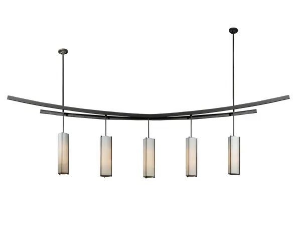 The innovative Solaris pendant features 5 rich; elegant Beige Dupioni Silk shades with Statuario Idalight bottom diffusers that are enhanced with a dramatically curved frame and hardware hand finished in Oil Rubbed Bronze. This sleek; upscale fixture is handmade by highly skilled artisans in our manufacturing facility in Upstate New York. Ideal for illuminating large conference tables; bars and counters. The Grandiose styled pendant is available in custom designs; colors and sizes; as well as dimmable energy efficient lamping options such as LED. With a length spanning more than 11 feet; Solaris is UL and cUL listed for dry and damp locations.