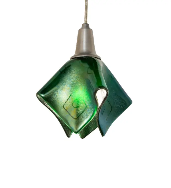 Go Green and add a fun lighting design to a home; restaurant; hotel or retail location.Designed with Emerald Green handkerchief glass; our pendant is high fired to fall into a flowing draped fabric-like shape.Handmade by Meyda Craftsmen; the shade iscomplemented with Brushed Nickel hardware.Custom crafted in upstate New York. Energy efficient lamping options are available. Includes six-feet of cord and a canopy.UL listed for damp locations