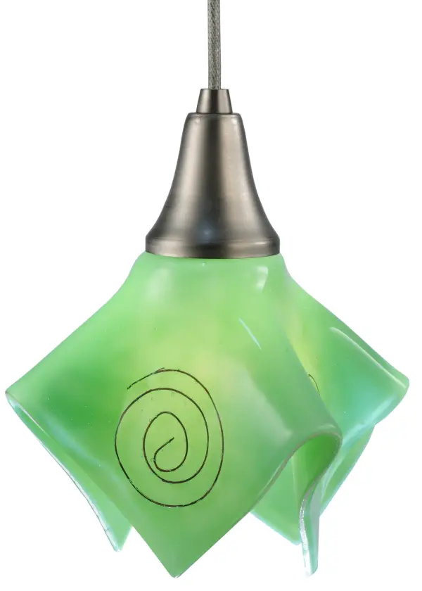 Go Green and add a fun lighting design to a home; restaurant; hotel or retail location. Designed with a Fiddlehead pattern on Mint Green handkerchief glass; our pendant is high fired to fall into a flowing draped fabric-like shape.Handmade by Meyda Craftsmen; the shade iscomplemented with Brushed Nickel hardware.Custom crafted in upstate New York. Energy efficient lamping options are available. Includes six-feet of cord and a canopy.UL listed for damp locations.