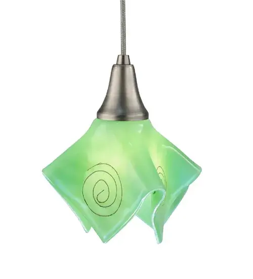 Go Green and add a fun lighting design to a home; restaurant; hotel or retail location. Designed with a Fiddlehead pattern on Mint Green handkerchief glass; our pendant is high fired to fall into a flowing draped fabric-like shape.Handmade by Meyda Craftsmen; the shade iscomplemented with Brushed Nickel hardware.Custom crafted in upstate New York. Energy efficient lamping options are available. Includes six-feet of cord and a canopy.UL listed for damp locations. - alternate view