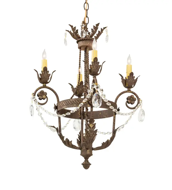 Exquisite styling and luxurious charm are reflected in these faceted crystal charms; scroll arms; Acanthus leaves and rich Pompeii Gold finished hardware which embraces 4 Amber faux candlelights. This elegant chandelier features quality materials and hand detailed American craftsmanship perfected by years of time honored artistry and passed down from generations of skilled artisans. Custom sizes; styles; colors and dimmable energy efficient lamping options such as LED are available. The fixture is UL and cUL listed for damp and dry locations.