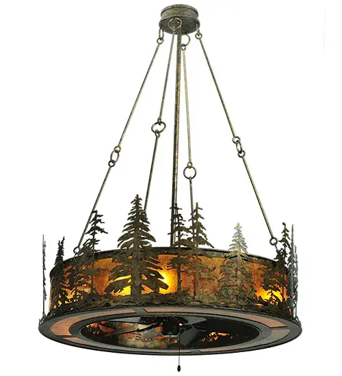 Innovation never looked so good with this unique custom lighting fixture that integrates ceiling fan technology. The stunning nature-inspired Tall Pines design is featured in our award-winning Chandel-Air collection. This fan-integrated custom lighting fixture features Pine Tree metal silhouettes in an Antique Bronze finish. An Amber Mica diffuser illuminates while gentle breezes are created by a fan spinning quietly in the center. Eight inner lamps evoke the beauty of Mica. The Tall Pines design is inspired by the Coconino National Forest in Arizona; to the Deschutes National Forest in Oregon; to the Ancient Bristlecone Pine Forest of California. This Chandel-air is ideal for use in a dining room; living space; kitchen; and other rooms in residential; hospitality; and commercial settings. In summer; the fan pushes down a windchill that circulates to keep the space cool and comfortable. In winter; the fan is reversed to pull the room air towards the ceiling; forcing the warm air back down & circulate to create warmth. The Tall Pines Chandel-Air is included in our American-made; American-designed; handcrafted Chandel-Air Collection. Manufactured in Yorkville; NY. UL & cUL listed for dry and damp locations. - alternate view
