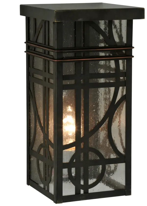 Add classic elegance to the exterior of a home; hotel; restaurant or commercial environment with Art Deco lines and circles featured on this sophisticated wall fixture. Designed with Clear Seedy art glass and an elaborate design hand finished in Craftsman Brown. Handcrafted in the Meyda Lighting manufacturing facility at the foothills of Central New York's breath- taking Adirondack Mountains. Custom colors; styles and sizes available. Energy efficient options. UL Listed for wet locations.