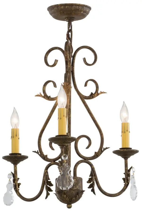 A luxurious chandelier design comes to light with elegance and glamour. Three Amber faux candlelights are perched on bobeches; which are embraced by exquisite curved Acanthus leaf accented arms with Crystal Pendalogues. The decorative accents; frame and hardware are featured in a Pompeii Gold finish. This lovely ceiling fixture is handcrafted in our facility in Yorkville; New York. Custom sizes; styles; colors and dimmable energy efficient lamping options such as LED are available. The chandelier is UL and cUL listed for damp and dry locations.