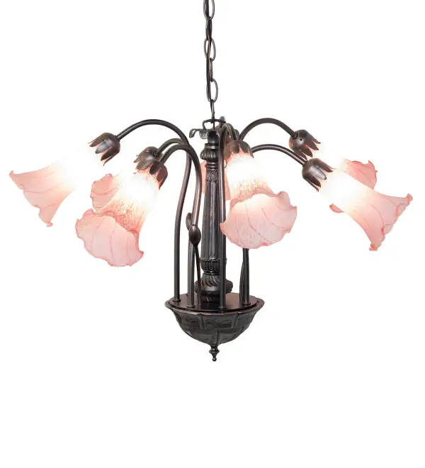 One of the most popular Louis Comfort Tiffany styled lamps on the market today, recreating his famous Favrile design from the early 1900's. This softly mottled Petal Pink shaded Seven Light Chandelier offers an attractive, delicate design featuring shades mouth blown of fine art glass. Lily shades are suspended from gracefully curved arms in this fixture finished by hand in Mahogany Bronze. Collection: Pink Finish: Mahogany Bronze Glass: Pink Width: 24.00" Height: 18.00" Length: 24.00" Weight: 8.50 lb Number of Bulbs: 7 Maximum Wattage: 25.00 W Bulb Type: BA9 Bulb Base: E12 Material: Steel Country of Origin: CHINA Safety Rating: Damp