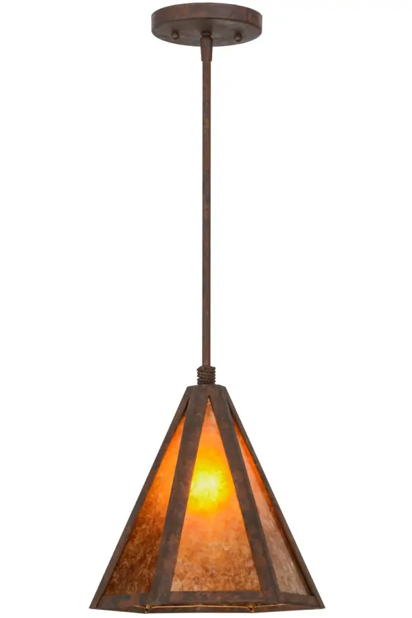 A stunning style created for a wide range of lighting applications, this mini pendant features an Amber Mica shade which is complemented with a frame and hardware in a Rusty Nail finish. Align these mini pendants in multiples in a row over a counter, island or table in homes, restaurants, hotels and clubs for complete designer look. The Lars fixture is custom crafted in Central New York. Custom sizes, styles, colors and dimmable lamping options such as LED are available. This 10-inch wide mini pendant is UL and cUL listed for dry and damp locations. Collection: Lars Finish: Rusty Nail Glass: Amber Mica Width: 10.00" Height: 26.00" Length: 10.00" Weight: 3.50 lb Number of Bulbs: 1 Maximum Wattage: 60.00 W Bulb Type: A19 Bulb Base: E26 Material: Steel Country of Origin: USA Safety Listing: Damp Safety Rating: Damp