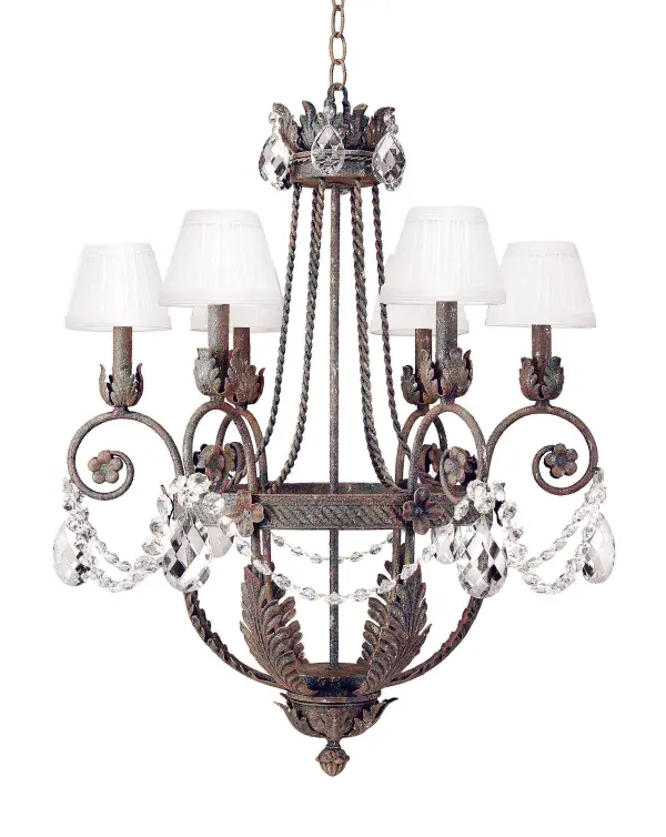 Exquisite styling and luxurious charm are reflected in these faceted crystal charms; scroll arms; Acanthus leaves and rich Corinth finished hardware. This elegant chandelier embraces 6 faux candlelights which are handpainted to match the hardware and crowned with White Pleated Textrene shades. This chandelier features quality materials and hand detailed American craftsmanship perfected by years of time honored artistry and passed down from generations of highly skilled artisans. Custom sizes; styles; colors and dimmable energy efficient lamping options such as LED are available. The fixture is UL and cUL listed for damp and dry locations.