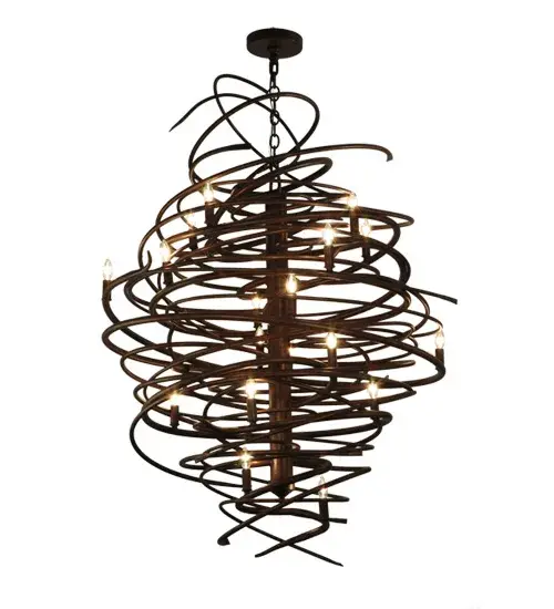 The bold; eye-catching Cyclone simulates whirling winds of energy and gyration with twisting steel that is accentuated with 18 delicately placed beacons to help you weather the storm. The winding mass of steel surrounds a sturdy post; all featured in our Antique Rust finish. Make an impressive design statement that will wow guests in lobbies; conference rooms; entryways and other residential and commercial spaces. The fixture is handcrafted by master artisans in our Upstate New York manufacturing facility. Custom designs; styles; sizes and dimmable energy efficient lamping such as LEDs are available. This chandelier is UL and cUL listed for damp and dry locations. - alternate view