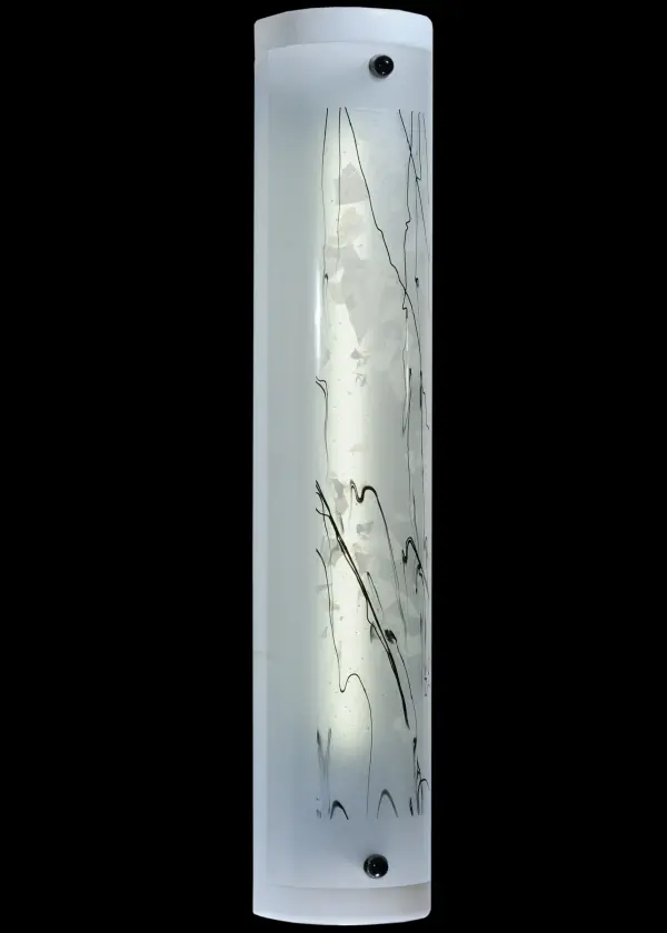 Inspired by bare trees against a Winter White sky, this abstract landscape design highlights our innovative fused glass wall fixture. Frost White glass drizzled with Midnight Black is fused together for a striking look. The shade is attached to powder coated steel hardware. Designed and created by Meyda artists and Made in the USA. Energy efficient lamping options available UL listed for damp locations. Collection: Twigs Finish: Nickel Glass: Black/White Streamer/White Border Nickel Powder Coat Width: 5.00" Height: 27.00" Length: 4.75" Weight: 7.00 lb Extension from Wall: 4.75" Number of Bulbs: 1 Maximum Wattage: 20.00 W Bulb Type: T4 Bulb Base: G9 Material: Metal Or Polyresin Country of Origin: USA Safety Listing: Damp Safety Rating: Damp
