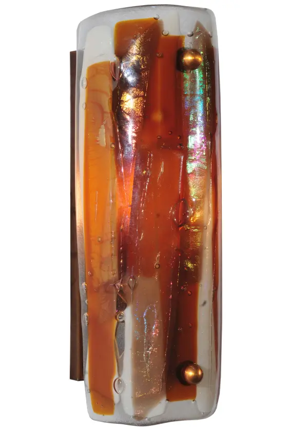 This contemporary cylindrical wall fixture is far from traditional. This unique shade is a Meyda original design featuring our Marina pattern of Amber; Beige; Smoke and Clear Iridescent colored; kiln fired; fused stained art glass; paired with pendant hardware finished in Translucent Copper. Designed and created by Meyda artists and craftsmen in our Yorkville; New York manufacturing facilities.
