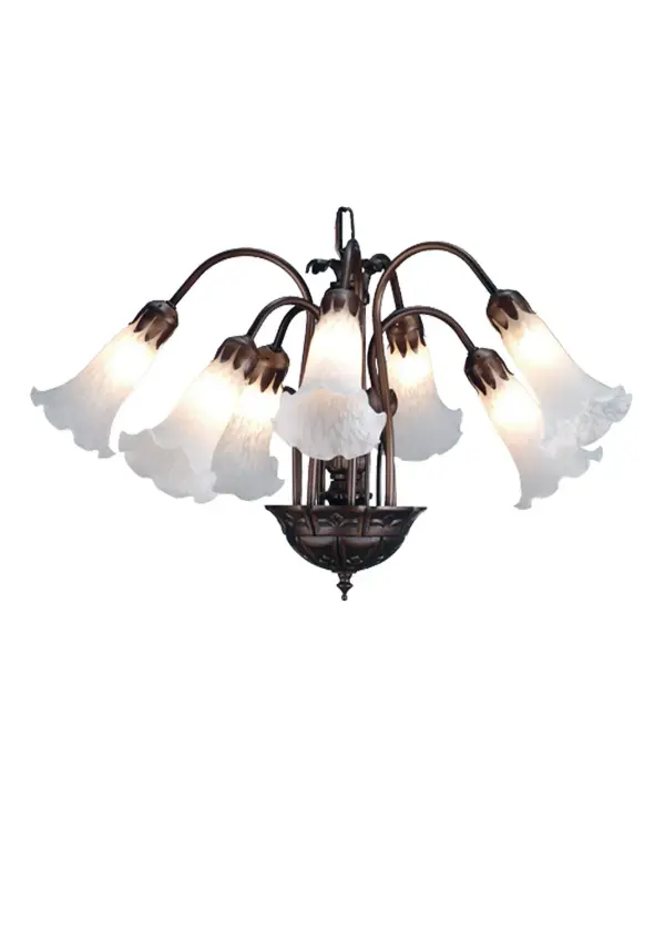 One of the most popular Louis Comfort Tiffany styled lamps on the market today, recreating his famous Favrile design from the early 1900's. This mottled Winter White shaded Seven Light Chandelier offers an attractive, delicate design featuring shades mouth blown of fine art glass. Lily shades are suspended from gracefully curved arms in this fixture finished by hand in Mahogany Bronze. Collection: White Finish: Mahogany Bronze Glass: White Width: 24.00" Height: 18.00" Length: 24.00" Weight: 8.50 lb Number of Bulbs: 7 Maximum Wattage: 25.00 W Bulb Type: B10 Bulb Base: E12 Material: Steel Country of Origin: CHINA Safety Listing: Dry Safety Rating: Damp