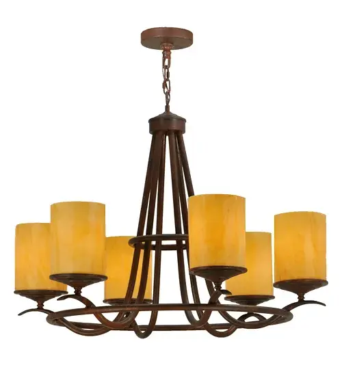 Add graceful detail and beautiful ambient illumination to any interior decor with this stunning Octavia lighting design. Six Cylindres; featured in Amber Quartz Idalight; are perched on bobeches which are embraced by an exquisite curved frame and hardware with a Rusty Nail finish. Custom crafted by highly skilled artisans in our manufacturing facility in the USA; this exquisite chandelier is perfect for creating a welcoming environment in any space. Choose a custom color; style; size or dimmable energy efficient lamping option such as LED to individualize the look that you need. This 36-inch fixture is UL and cUL listed for damp and dry locations. - alternate view