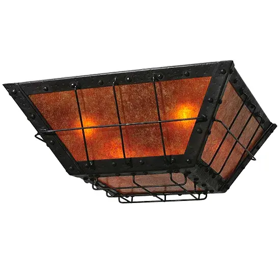 With a design right out of a Charles Dickens novel; this handsome inverted fixture features a thin steel geometric structural design which encases stunning Amber Mica. The shade; which produces beautiful ambient light; is enhanced with decorative accents and hardware featured in a bold Costello Black finish. Handcrafted in the USA; this fixture is available in custom sizes; styles; colors and dimmable energy efficient lamping options. The fixture is UL and cUL listed for dry and damp locations.