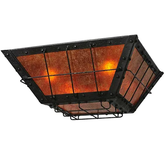 With a design right out of a Charles Dickens novel; this handsome inverted fixture features a thin steel geometric structural design which encases stunning Amber Mica. The shade; which produces beautiful ambient light; is enhanced with decorative accents and hardware featured in a bold Costello Black finish. Handcrafted in the USA; this fixture is available in custom sizes; styles; colors and dimmable energy efficient lamping options. The fixture is UL and cUL listed for dry and damp locations. - alternate view