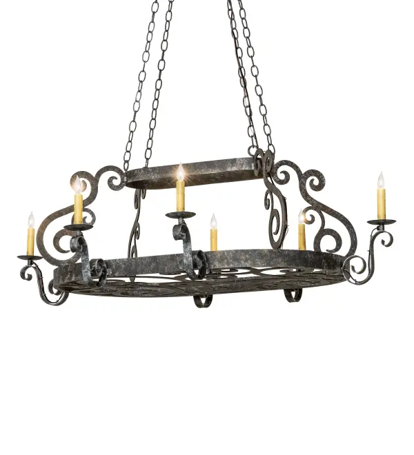 An upscale transitional lighting design that combines form with function; the Neo pot rack features large scroll accents and 6 Ivory faux candlelights that provide beautiful ambient illumination. The Ash finished frame is complemented with hooks to display fine cookware and accessories for easy access in kitchens. Handcrafted in the USA by our highly skilled artisans; this charming fixture is available in custom sizes; styles; colors and energy-efficient lamping options. UL and cUL listed for damp and dry locations. This 53-inch oblong pendant; which doubles as a pot rack; is UL and cUL listed for dry and damp locations. (Cookware not included)
