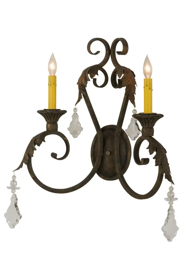 Offering luxurious charm and elegance; Josephine features an elegant chandelier design with Hand-forged scrolled arms and Acanthus leaf accents in a stunning Autumn Leaf finish. The exquisite wall sconce features 2 Ivory faux candlelights perched on decorative bobeches for beautiful ambient illumination and accented with arrays of Crystal pendalogues. Custom crafted in the USA; this lovely fixture is available in custom sizes; styles and colors; as well as dimmable energy efficient lamping options such as LED. The 18-inch wide wall fixture is UL and cUL listed for dry and damp locations.