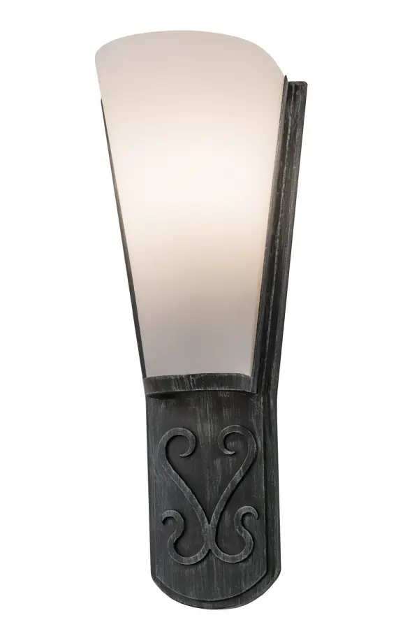 Blending a distinctive style with a rich handsome look, this unique wall sconce reveals a tapered conical diffuser featuring Statuario Idalight and a decorative backplate with a diametric scrolled design in an Antique Iron Gate finish.This sconce, which delivers beautiful ambient lighting, is perfect for corridors in fine homes and hotels, and in other rooms in residential and commercial spaces. Custom crafted in the USA, Sabia is available in custom sizes, designs and colors, and with dimmable energy efficient lamping options.The fixture is UL and cUL listed for dry and damp locations. Collection: Sabia Finish: Antique Iron Gate Glass: Statuario Idalight Width: 6.50" Height: 17.00" Length: 5.00" Weight: 4.00 lb Extension from Wall: 5.00" Number of Bulbs: 1 Maximum Wattage: 25.00 W Bulb Type: B10 Bulb Base: E12 Material: Steel Country of Origin: USA Safety Listing: Damp Safety Rating: Damp