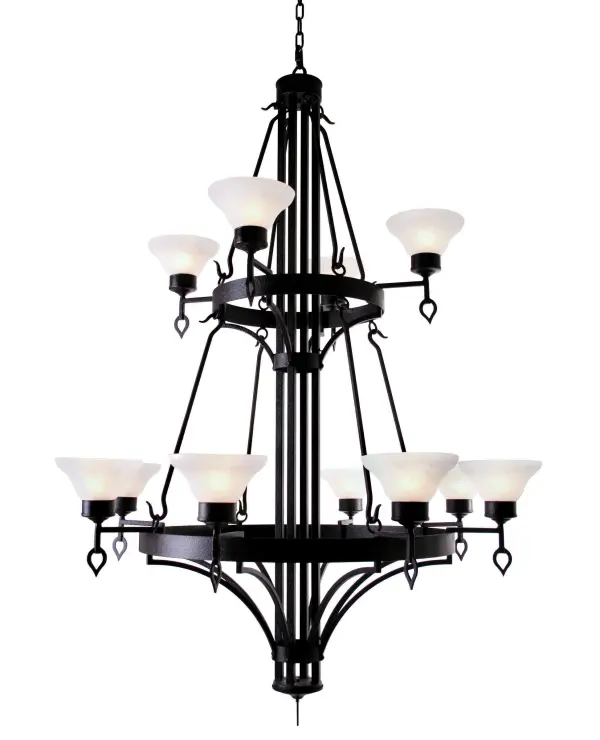 Luxurious elegance comes alive with light and exquisite beauty in the sophisticated Savino statement piece. Two tiers beholding 12 White blown-glass shades are perched in bobeches with teardrop finials. The combination of a Chestnut finished straight line base with curved supports makes for a unique eclectic design. Handcrafted by highly skilled artisans in the USA; this upscale chandelier is available in custom styles; colors; sizes and dimmable energy-efficient lamping options. This Grand styled 48-inch wide UL and cUL listed for dry and damp locations.
