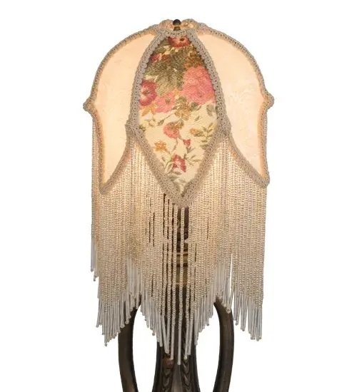 An alluring and beautiful mini fabric shade. This Ivory fabric shade features Green and Pink Tulip damask fabrics edged in long clear glass beaded trim. This Victorian-inspired; intricately detailed shade pairs beautifully with a base to create a mini lamp or matched with hardware to build a mini pendant. This lighting design is inspired by beautiful fabrics and fashion from New York; to Chicago; Illinois; and Los Angeles; California. The Fabric & Fringe Tulip Shade is featured in our American-designed; handcrafted Fabric & Fringe Collection.
