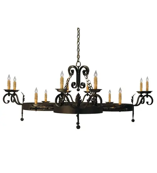 Rich; handsome styling greets a distinctive sophisticated look. 12 Ivory faux candlelights are perched atop of custom tailored bobeches; which are accented with a scroll arms embellished with an Acanthus leaves and ballpoint accents for a high level of aesthetic appeal. Stunning Hand-forged Iron hardware is hand finished in a Blackwash hue. Ideal for fine interiors; the fixture is custom crafted by highly skilled artisans in our manufacturing facility in Yorkville; New York. Custom sizes; designs; colors and dimmable energy efficient lamping options such as LED are available. The fixture is UL and cUL listed for dry and damp locations.