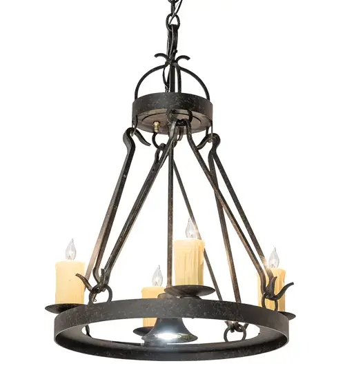 Blending an exquisite style with a rich distinguished look; the Lakeshore features a Coffee Bean finished steel ring that provides timeless beauty and beautiful illumination. A total of 4 Amber faux candlelights perched on bobeches; and complemented with a downlight for functional illumination on surfaces below. This chandelier is ideal for illuminating dining areas; conference tables; lobbies and other residential and hospitality spaces. The fixture is UL and cUL listed for damp and dry locations. - alternate view
