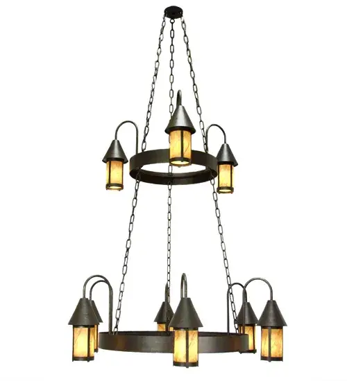 Dual rings reveal nine Cylindres featuring Sahara Taupe Idalight crowned with cone shaped roofs embraced by gooseneck arms. The frame, decorative accents and hardware are featured in a Gilded Tobacco finish. Handcrafted in the USA, this fixture is available in custom sizes, styles and colors, as well as dimmable energy efficient lamping options such as LED. This fixture is UL and cUL listed for dry and damp locations. Collection: Algonquin Finish: Gilded Tobacco Glass: Ambra Siena Idalight Width: 48.00" Height: 60.00" Length: 48.00" Weight: 123.00 lb Number of Bulbs: 9 Maximum Wattage: 60.00 W Bulb Type: A19 Bulb Base: E26 Material: Steel Country of Origin: USA Safety Listing: Dry Safety Rating: Damp