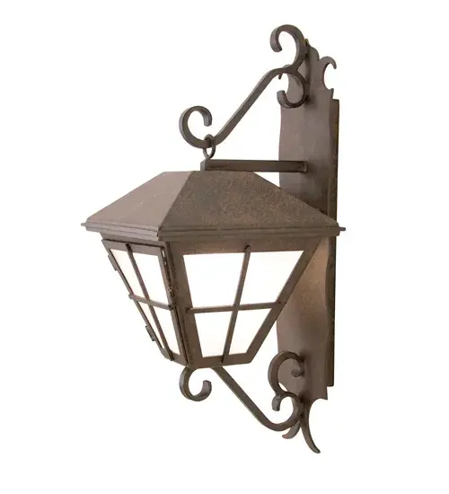 Stately charm and sophistication come to light in distinctive style. Enjoy the time-honored look of Amato, an authentic lantern design with classic styling and handcrafted construction. Ideal for indoor and outdoor applications, this shapely lantern features Statuario Idalight, which is complemented with a frame, scroll accents, and hardware in a handsome Cajun Spice finish. The sconce is available in custom colors, designs, sizes and dimmable energy efficient lamping options such as LED. The 27-inch tall fixture is UL and cUL listed for dry, damp and wet locations. Collection: Amato Finish: Rusty Nail Glass: Frosted Clear Seeded Glass Width: 12.00" Height: 27.00" Length: 14.00" Weight: 32.00 lb Extension from Wall: 14.00" Number of Bulbs: 1 Maximum Wattage: 60.00 W Bulb Type: A19 Bulb Base: E26 Material: Steel Country of Origin: USA Safety Listing: Wet Safety Rating: Wet