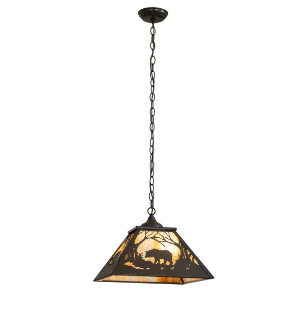 Natural charm is captured beautifully with the majestic Bear meandering along the woodlands as the late afternoon sun lowers in the background of this stunning ceiling fixture. Soft ambient light projects through the Beige Art Glass lens; enhanced with hardware and decorative accents; are offered in a Timeless Bronze finish. The pendant fixture is perfect for placement above tables in dining areas and living spaces in residences and hospitality locations. The overall height ranges from 15 to 44 inches; as the chain length can be easily adjusted on location to accommodate your specific lighting application needs. The Bear at Dawn Pendant is included in our American-made; American-designed; handcrafted Wildlife Collection and manufactured in Yorkville; New York. The fixture is UL and cUL listed for dry and damp locations. Upstate New York's adventurous playland; known as the Adirondack Mountains; with its many breathtaking forests; lakes; and rivers; is the spiritual birthplace of Meyda and inspires our rustic-themed art glass collections.