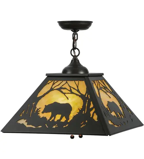 Natural charm is captured beautifully with the majestic Bear meandering along the woodlands as the late afternoon sun lowers in the background of this stunning ceiling fixture. Soft ambient light projects through the Beige Art Glass lens; enhanced with hardware and decorative accents; are offered in a Timeless Bronze finish. The pendant fixture is perfect for placement above tables in dining areas and living spaces in residences and hospitality locations. The overall height ranges from 15 to 44 inches; as the chain length can be easily adjusted on location to accommodate your specific lighting application needs. The Bear at Dawn Pendant is included in our American-made; American-designed; handcrafted Wildlife Collection and manufactured in Yorkville; New York. The fixture is UL and cUL listed for dry and damp locations. Upstate New York's adventurous playland; known as the Adirondack Mountains; with its many breathtaking forests; lakes; and rivers; is the spiritual birthplace of Meyda and inspires our rustic-themed art glass collections. - alternate view