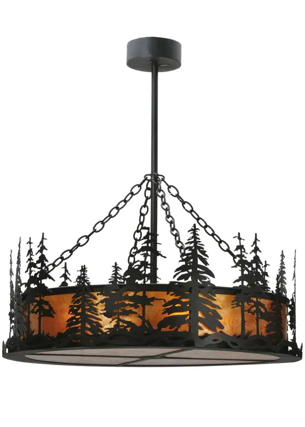 A stand of Tall Pines in front of a mountainside top the frame of this pendant. This charming nature-inspired fixture features Bark Brown Pine Trees on a background of a Warm Amber Mica with hardware hand finished in Midnight Black. Perfect for residential; restaurant; lodge; retail and commercial applications. Custom crafted by Meyda artisans in the Yorkville; NY manufacturing facilities at the foothills of the Adirondack Mountains. Energy efficient lamping options. Custom colors; styles; and sizes available. UL Listed for damp locations.