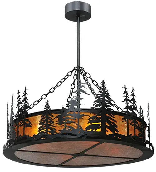 A stand of Tall Pines in front of a mountainside top the frame of this pendant. This charming nature-inspired fixture features Bark Brown Pine Trees on a background of a Warm Amber Mica with hardware hand finished in Midnight Black. Perfect for residential; restaurant; lodge; retail and commercial applications. Custom crafted by Meyda artisans in the Yorkville; NY manufacturing facilities at the foothills of the Adirondack Mountains. Energy efficient lamping options. Custom colors; styles; and sizes available. UL Listed for damp locations. - alternate view