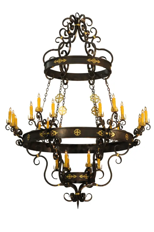 Aesthetic allure is created through elegant details; proportional balance and harmonious elements. Stunning metal rings featured in a Gilded Tobacco finish with Gold accents embellish this breathtaking fixture while 24 Amber faux candle lights; supported by bobeches attached to gracefully curved arms; provide decorative lighting for a broad range of applications. The overall height ranges from 100 to 217 inches and the chain length can be easily adjusted in the field to accommodate your specific lighting application needs. Custom crafted artisans in our 180;000 square foot manufacturing facility in Yorkville; New York. Special sizes; finishes and diffuser colors available. UL and cUL listed for dry and damp locations.