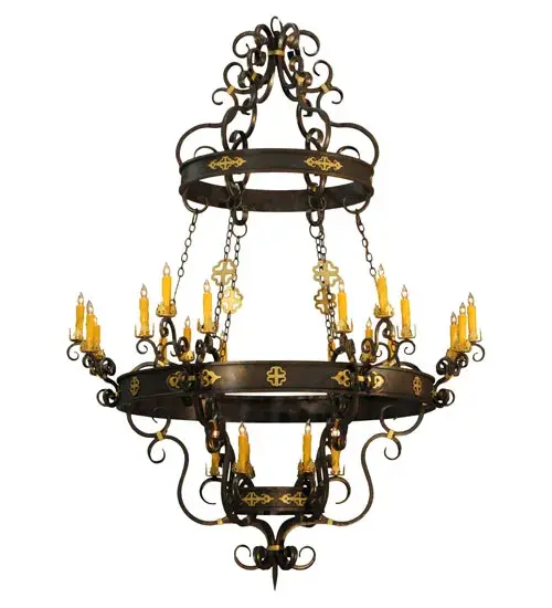 Aesthetic allure is created through elegant details; proportional balance and harmonious elements. Stunning metal rings featured in a Gilded Tobacco finish with Gold accents embellish this breathtaking fixture while 24 Amber faux candle lights; supported by bobeches attached to gracefully curved arms; provide decorative lighting for a broad range of applications. The overall height ranges from 100 to 217 inches and the chain length can be easily adjusted in the field to accommodate your specific lighting application needs. Custom crafted artisans in our 180;000 square foot manufacturing facility in Yorkville; New York. Special sizes; finishes and diffuser colors available. UL and cUL listed for dry and damp locations. - alternate view