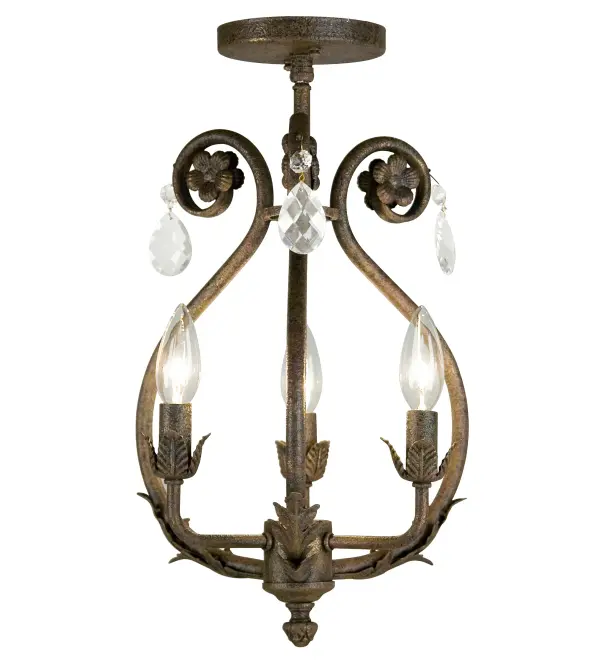 Exquisite styling and luxurious charm are reflected in these faceted crystal charms; scroll arms; Acanthus leaves and rich Antiquity finished hardware. This elegant chandelier embraces 3 faux candlelights which are handpainted to match the hardware finish. This chandelier features quality materials and hand detailed American craftsmanship perfected by years of time honored artistry and passed down from generations of skilled artisans. Custom sizes; styles; colors and dimmable energy efficient lamping options such as LED are available. The fixture is UL and cUL listed for damp and dry locations.
