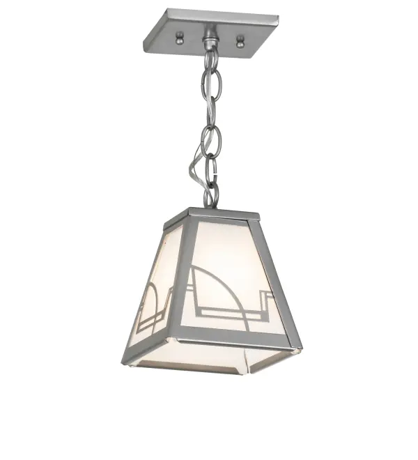 This fanciful pendant with straight lines and curving shapes is reminiscent of the Art Deco era.Ideal for residential; restaurant; hotel; retail and commercial applications; this versatile transitional pendant utilizes White art glass panels and is hand finished in Nickel.Custom crafted by Meyda artisans in the Yorkville; NY manufacturing facilities at the foothills of the Adirondack Mountains.Energy efficient lamping options. Custom colors; styles and sizes available. UL Listed for damp locations.