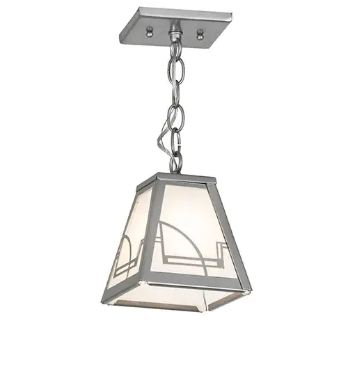 This fanciful pendant with straight lines and curving shapes is reminiscent of the Art Deco era.Ideal for residential; restaurant; hotel; retail and commercial applications; this versatile transitional pendant utilizes White art glass panels and is hand finished in Nickel.Custom crafted by Meyda artisans in the Yorkville; NY manufacturing facilities at the foothills of the Adirondack Mountains.Energy efficient lamping options. Custom colors; styles and sizes available. UL Listed for damp locations. - alternate view