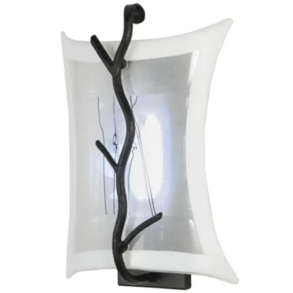 Inspired by bare trees against a Winter White sky. This abstract lighting design highlights our innovative fused glass featuring a stark Twigs design. The stunning wall sconce features a shade embracing a branch-like arm hand finished in a bold Black hue. The shade is designed with White Iridescent Glass surrounding Clear Frosted Glass which is accented with Black Twig-like streamers and White accents fused together for a striking look. Traditional workmanship, high fire kilns and original tools are used to fuse glass in the old world tradition in our 180,000 sq. ft. manufacturing facility in Yorkville, New York. Diffuser colors, metal finishes and fixture sizes can be customized to your needs. UL & cUL listed for dry and damp locations. Collection: Twigs Finish: Black Metal Glass: Wh Bord/Clear/Black Wht Stream Black Notes: Custom Crafted In Yorkville, New York Please Allow 50 Days Width: 10.00" Height: 14.50" Length: 4.25" Weight: 10.00 lb Extension from Wall: 4.25" Number of Bulbs: 1 Maximum Wattage: 4.80 W Bulb Type: PANEL Bulb Base: INTEGRAL Light Source: LED Color Temperature: 3000 K Material: Steel Country of Origin: USA Safety Listing: Damp Safety Rating: Damp Energy Efficient LED