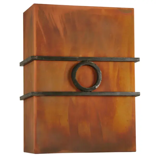 This Bandino decorative wall fixture will add a sharp look to a hallway, corridor or any room in fine homes, hotels and restaurants and other settings. The Burnt Copper Block is wrapped with bold Costello Black accents and lluminates with Integral dimmable LEDs for energy efficiency, minimal maintenance and long life. Custom crafted by highly skilled artisans in our 180,000 square foot manufacturing facility in Yorkville, New York. Diffuser colors, metal finishes and fixture sizes can be customized. UL and cUL listed for dry and damp locations. Collection: Bandino Finish: Acid Burnt Copper & Costello Black Glass: Black Glass Notes: Custom Crafted In Yorkville, New York Please Allow 30 Days Width: 10.75" Height: 14.00" Length: 5.50" Weight: 7.00 lb Extension from Wall: 5.50" Number of Bulbs: 4 Maximum Wattage: 84.00 W Bulb Type: STRIP Bulb Base: INTEGRAL Light Source: LED Color Temperature: 3000 K Material: Steel Country of Origin: USA Safety Listing: Damp Safety Rating: Damp Energy Efficient LED