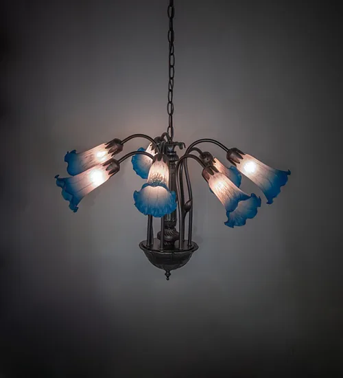 24" Wide Pink/Blue Tiffany Pond Lily 7 LT Chandelier
