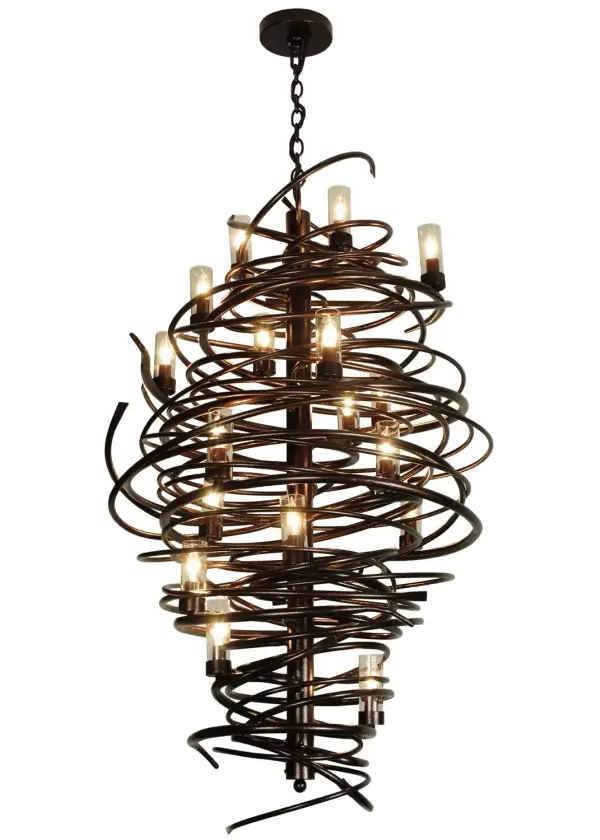 The bold, eye-catching Cyclone simulates whirling winds of energy and gyration with twisting steel that is accentuated with 18 delicately placed beacons to help you weather the storm. The winding mass of steel surrounds a sturdy post, all featured in a Copper Vein finish. Make an impressive design statement that will wow guests in lobbies, conference rooms, entryways and other residential and commercial spaces. The fixture is handcrafted by master artisans in our Upstate New York manufacturing facility. Custom designs, styles, sizes and dimmable energy efficient lamping such as LEDs are available. This 30-inch wide chandelier is UL and cUL listed for damp and dry locations. Collection: Centric Finish: Copper Vein Glass: Chocolate Width: 30.00" Height: 54.00" Length: 30.00" Weight: 64.00 lb Number of Bulbs: 18 Maximum Wattage: 60.00 W Bulb Type: BA9 Bulb Base: E12 Material: Steel Country of Origin: USA Safety Listing: Damp Safety Rating: Damp