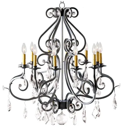 Exquisite grace and delicate beauty are blended to create a distinctive; elegant Gia Chandelier. A total of 12 Amber Faux candlelights; each embracing a bobeche with a scrolled arm; adorn this chandelier. The Hand-forged Iron hardware and decorative accents are offered in an alluring Blackened Pewter finish. Crystal Pendalogs are draped across this chandelier. Perfect for a large entryway; lobby; banquet hall or conference room; this lovely chandelier is available in a variety of finishes; styles and sizes; and with dimmable energy efficient lamping options such as LED. Custom crafted in the USA; this 32-inch wide chandelier is UL and cUL listed for damp and dry locations.