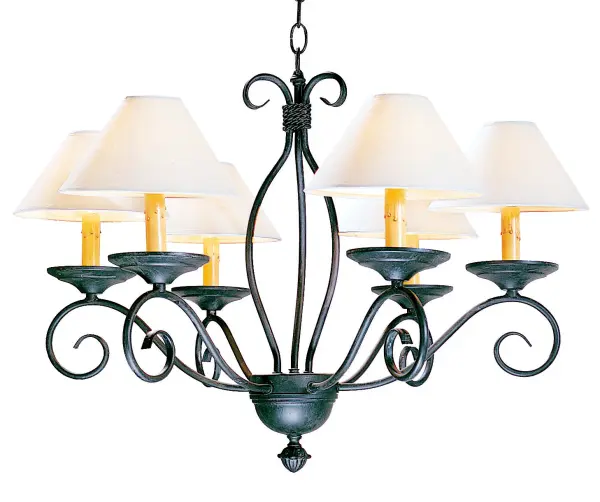 Designed as an elegant lighting design for a wall in any room; this Sienna chandelier features 6 Amber faux candlelights crowned with Ivory Textrene Shades that are perched on bobeches and embraced by scrolled arms. This lovely fixture features luxurious hardware; frame and decorative accents in an Antique Iron Gate finish. Superior hand detailed American craftsmanship is perfected by years of time honored artistry; passed down from generations of highly skilled artisans. This chandelier is available in custom sizes; styles; colors and dimmable energy efficient lamping options such as LED. The 26-inch wide fixture is UL and cUL listed for dry and damp locations