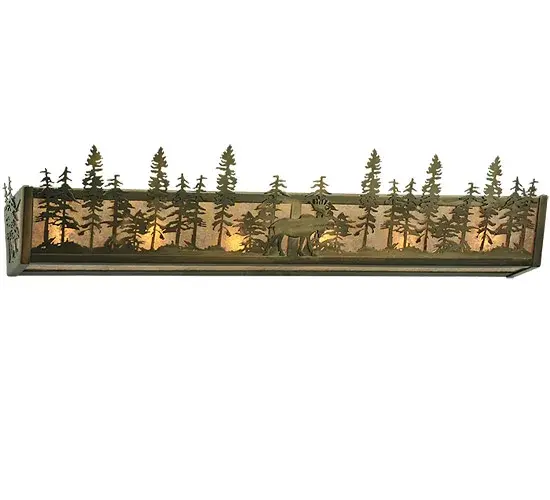 Bring a nature inspired aesthetic into a fine bath with this vanity light. Majestic Moose wander through the Tall Pine Trees across the stunning linear wall luminaire. This striking fixture is featured in an Antique Copper finish with a stunning Silver Mica shade. Made to Order by highly skilled artisans in our 180;000 square foot manufacturing facility in Yorkville; New York at the foothills of the Adirondack Mountains. Customize the lens colors; metal finishes and sizes to meet your desires. UL and cUL listed for dry and damp locations. - alternate view