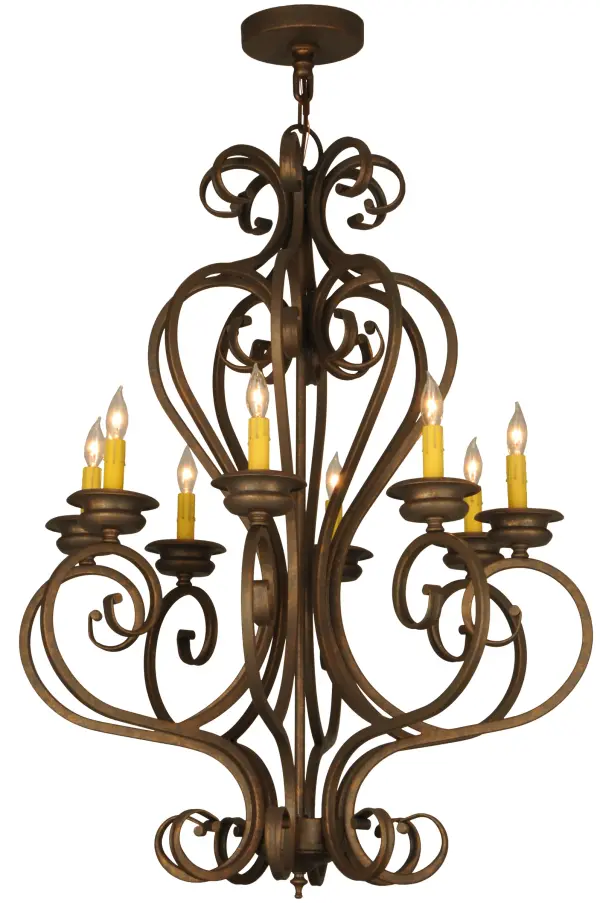 Beauty and grace come to light with this elegant chandelier highlighted with an elaborate scroll design. 8 Amber faux candlelights are perched on distinctive bobeches featured in a tasteful French Bronze finish. Perfect to illuminate nearly any room in fine homes; hotels; restaurants and other residential and commercial spaces. This classic decorative lighting fixture complements any interior design. Handcrafted in our manufacturing facilities in the USA; Fernando is available in a variety of custom sizes; finishes and dimmable energy efficient lamping options such as LED. The 28-inch wide chandelier is UL and cUL listed for damp and dry locations.