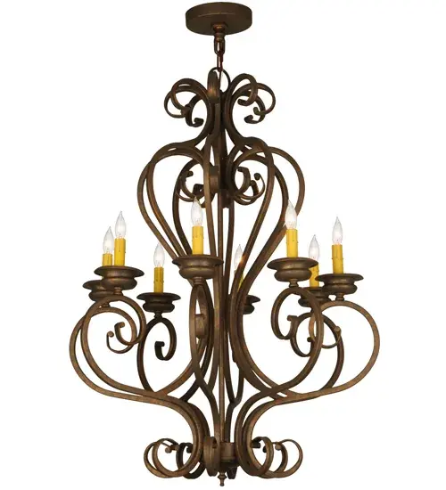 Beauty and grace come to light with this elegant chandelier highlighted with an elaborate scroll design. 8 Amber faux candlelights are perched on distinctive bobeches featured in a tasteful French Bronze finish. Perfect to illuminate nearly any room in fine homes; hotels; restaurants and other residential and commercial spaces. This classic decorative lighting fixture complements any interior design. Handcrafted in our manufacturing facilities in the USA; Fernando is available in a variety of custom sizes; finishes and dimmable energy efficient lamping options such as LED. The 28-inch wide chandelier is UL and cUL listed for damp and dry locations. - alternate view