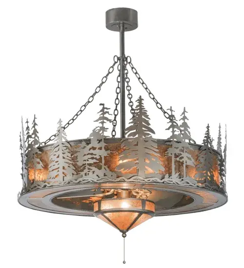This fan-integrated custom lighting fixture features Pine Tree and woodland metal silhouettes in a Nickel finish. A Silver Mica diffuser illuminates with a matching fan light below, while gentle breezes are created by a fan spinning quietly in the center. Eight inner lights are used for a decorative effect and to bring out the beauty of the Mica in the large diffuser, and three inner lamps illuminate the fan light. The Tall Pines design is inspired by the Black Hills National Forest in South Dakota, to the Upper Oldham Trail in Buffalo Park in Flagstaff, Arizona, and to Deschutes National Forst in central Oregon near the town of Bend. This Chandel-air is ideal for use in a great room, living space, and other rooms in residential, hospitality, and commercial settings. In summer, the fan pushes down a windchill that circulates to keep the area cool and comfortable. In winter, the fan is reversed to pull the room air towards the ceiling, forcing the warm air back down & circulate to create warmth. The Tall Pines Chandel-Air is included in our American-made, American-designed, handcrafted, award-winning Chandel-Air Collection and manufactured in Yorkville, NY. UL & cUL listed for dry and damp locations. Collection: Tall Pines Finish: Nickel Bn Glass: Silver Mica Brushed Nickel Width: 44.00" Height: 50.00" Length: 44.00" Weight: 103.00 lb Extension from Wall: 5.00" Number of Bulbs: 8 Maximum Wattage: 60.00 W Bulb Type: A19 Bulb Base: E26 Material: Steel Country of Origin: USA Safety Listing: Damp Safety Rating: Damp - alternate view